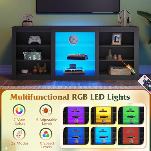 Modern TV Stand for 65 Inch TV, Entertainment Center with Adjustable Open Shelves & RGB LED Lights, Sturdy Media Console for Living Room, Bedroom,Gaming (Black)