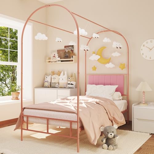 Twin Canopy Bed Frame with Upholstered Headboard, view 2