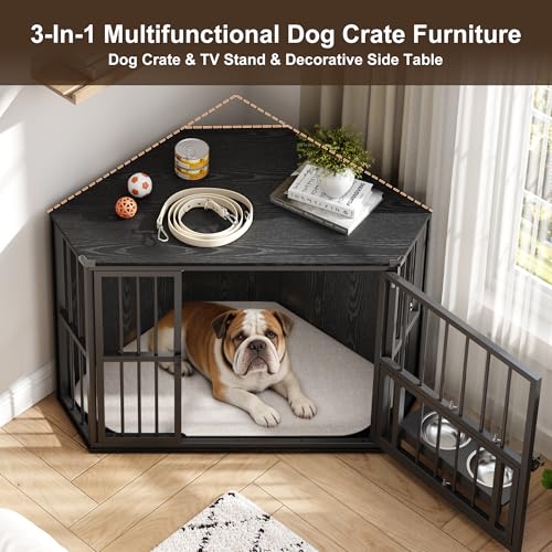 42.5" Corner Dog Crate Furniture with Feeding Bowl, Black, view 4
