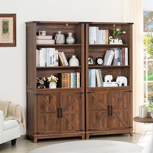 Farmhouse 70in Tall Bookshelf 5 Tier Bookcase, Barn Doors, Brown, view 4