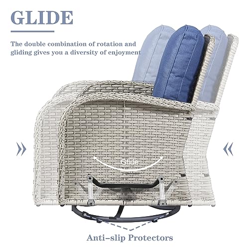Patio Wicker Chairs Swivel Rocker - Outdoor Swivel Rocking Chairs Set of 2 with Rattan Side Table,3 Piece Patio Swivel Glider Chair Furniture Sets for Patio Porch Pool Light Beige/Blue