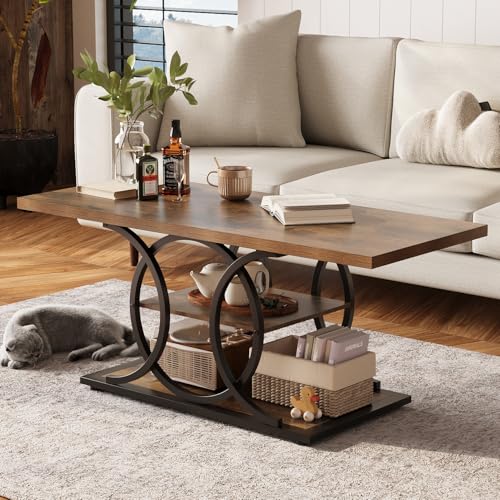 Rustic Coffee Table with Storage Industrial 3 Tier Center Living Room Table Farmhouse Wooden Rectangle Cocktail Tea Table for Office Bedroom Elegant Full Moon Round Metal Frame (Brown, L-47)