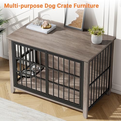 37.7" Wooden Dog Crate Furniture for Medium Dogs, Grey, view 4