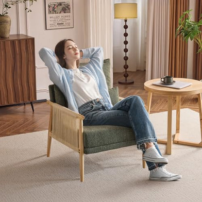 Boho Braid Accent Armchair,Mid-Century Modern Chiar with Solid Wooden Armrest,Comfy Louge Cushion Chair with Waist Pillow for Bedroom,Living Room,Reading Room, Dark Green