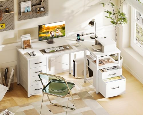 55 Inch L Shaped Office Desk with 6 Drawers, Power Outlet, White, view 3