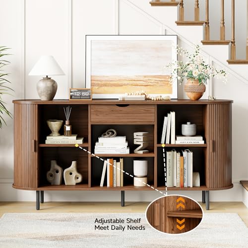 63" Sideboard Buffet Cabinet with Storage Drawer & Shelves,Walnut, view 5