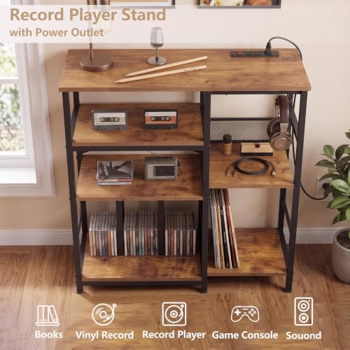 Record Player Stand with 300+ Vinyl Storage Shelves, Rustic Brown, view 6
