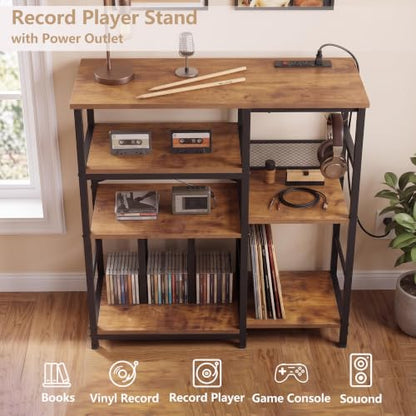 Record Player Stand with 300+ Vinyl Storage Shelves, Rustic Brown, view 6