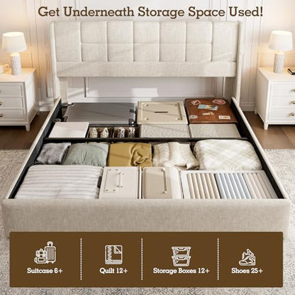 King Bed Frame with Hydraulic Gas Lift Up Storage, Linen Upholstered, view 4