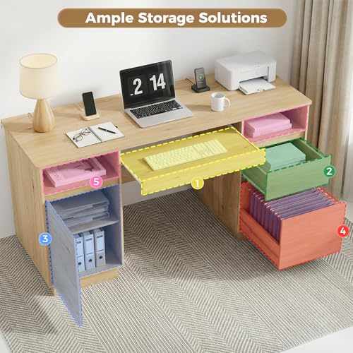 58" Modern Executive Desk with Drawers, Office Desk with File Drawer & Open Storage & Power Outlet, Keyboard Tray, Wooden Computer Desk for Home Office & Studio