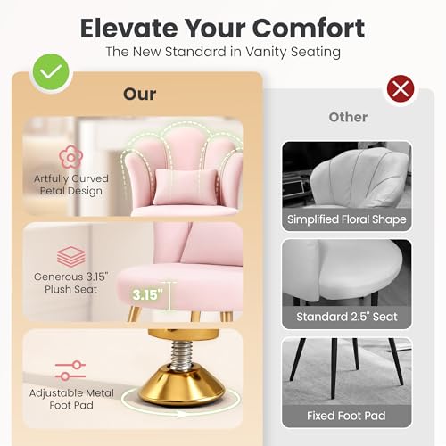Petal Makeup Vanity Chair with Back, Flower Chair Comfy No Wheels for Girls Women, Makeup Chair with Golden Metal Legs & Lumbar Pillow for Living Room/Makeup Room/Bedroom/Home Office - Pink