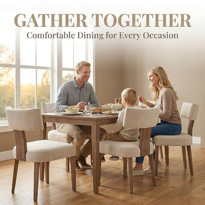 Mid Century Modern Dining Chairs Set of 6, Upholstered Linen Kitchen & Dining Room Chairs with Ergonomic Curved Backrest, Solid Wood Legs, Farmhouse Accent Chair for Home, Apartment, Beige