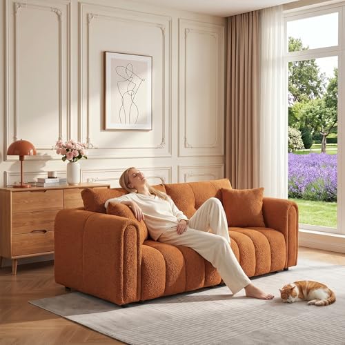 91.5"W Modern Boucle Sofa for Living Room, Oversized Loveseat Couch, Orange | Comfy Channel-Tufted Couch with Rolled Arms and 2 Soft Pillows, 3-Seater Cloud Couch for Apartment, Studio, Bedroom, Office