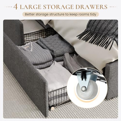 Upholstered Queen Size Platform Bed Frame with 4 Storage Drawers and Wingback Headboard, Diamond Stitched Button Tufted Design, No Box Spring Needed, Light Grey