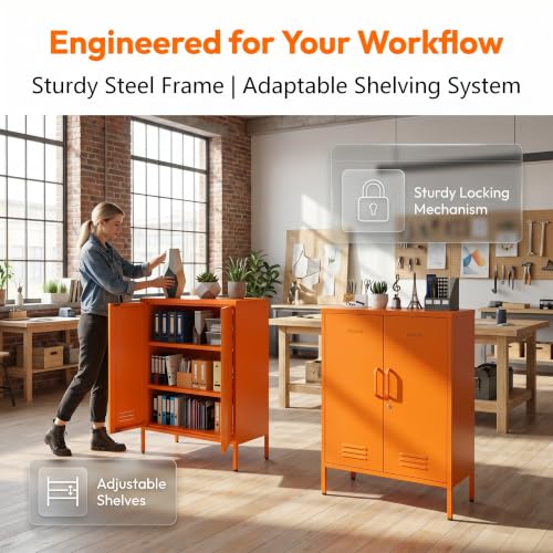 Multipurpose Accent Cabinet Locker, Metal Storage Cabinet with 2 Adjustable Shelves, Heavy Duty & Lockable Organizer Made of Thickened Steel, Easy Assembly for Home, Entryway, Orange