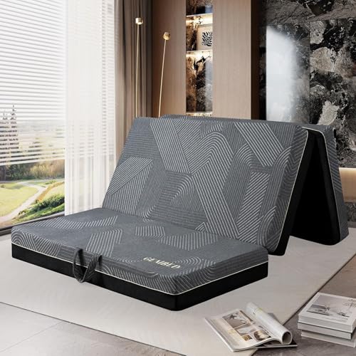 Tri Folding Mattress Queen Size - Memory Foam Tri-fold Handle & Non-Slip Bottom, Portable Foldable Sofa Bed Floor Chair for Travel RV Camping Guest Yoga - 6 Inch, 78"x58"x6"