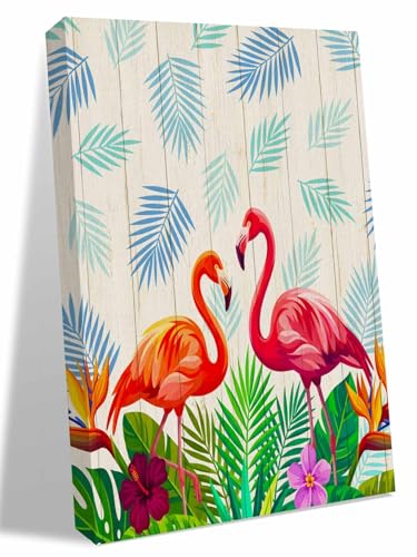 NuYeBiofx Summer Flamingo Flower Leaf Canvas Wall Art Prints,48"x32" Framed Picture Artwork Tropical Leaves Flower Wood Plank Printed Canvas Oil Painting for Living Room Bedroom Office,Ready to Hang
