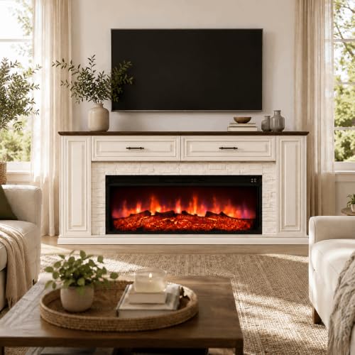 70" Fireplace TV Stand with Cabinet Drawers, Electric Fireplace with Mantel, view 3