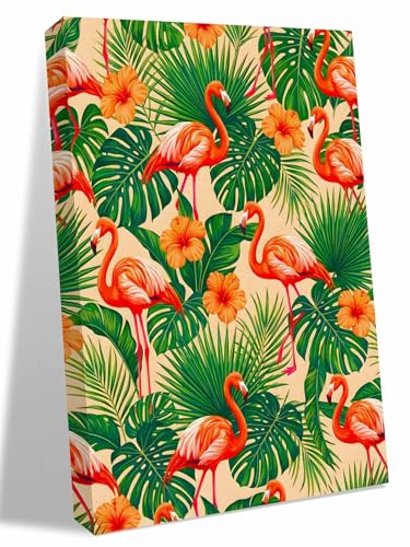 NuYeBiofx Summer Beach Pink Flamingo Canvas Wall Art Prints,48"x32" Framed Picture Artwork Green Tropical Leaves Printed Canvas Oil Painting for Living Room Bedroom Office,Ready to Hang
