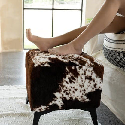 Faux Cowhide Ottoman, Upholstered Foot Stool - 16 x 16 x 17 Inches, Cube Footrest with Solid Metal Legs for Living Room, Bedroom & Entryway(Tricolor)