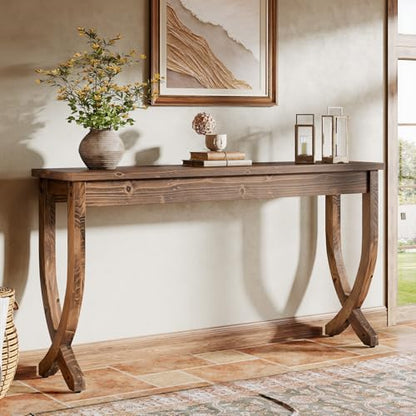 63-Inch Solid Wood Console Table for Entryway | Farmhouse Narrow Long Sofa Table with Curved Legs, Brown