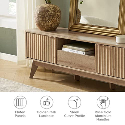 Brooklyn Mid-Century Modern TV Stand, for TVs up to 50” / 59" Waveform Panel, Sleek Curved Profile with Adjustable Shelf and Sturdy Box Frame Leg (Golden Oak, 57")