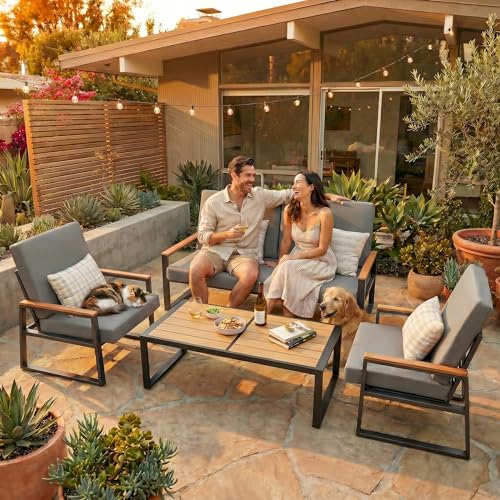 4-Piece Outdoor Patio Furniture Set with Coffee Table and Removable Cushions, Metal Patio Conversation Set for Family, Yard, Poolside (Gray)