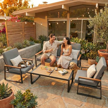 4-Piece Outdoor Patio Furniture Set with Coffee Table and Removable Cushions, Metal Patio Conversation Set for Family, Yard, Poolside (Gray)