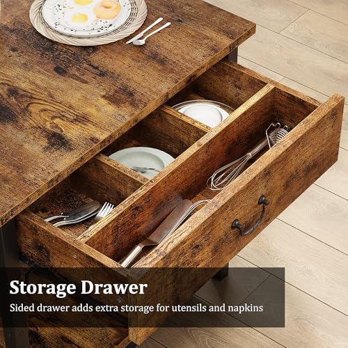 Dining Table Set for 4 with Storage Drawers & Wine Rack, Kitchen Table and Upholstered Benches for Small Spaces, Retro Brown