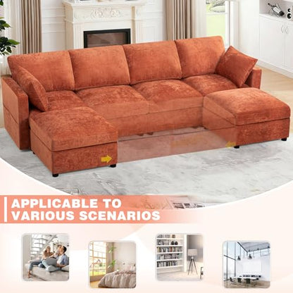 110” Chenille 4-Seats Sofa W/Two Movable Ottomans, Orange | Modern Fabric U-Shaped Couch w/Soft Backrests, Upholstered Sectional Sofa w/Arm Pillows for Living Room, Office