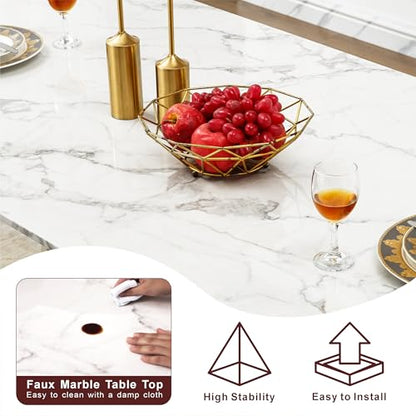 Marble Dining Table for 6 People, 70'' Rectangle Faux Marble Dining Table with Mirrored Stainless Steel Base, Large Size Marble Kitchen Table (Silver,White)(only Table)