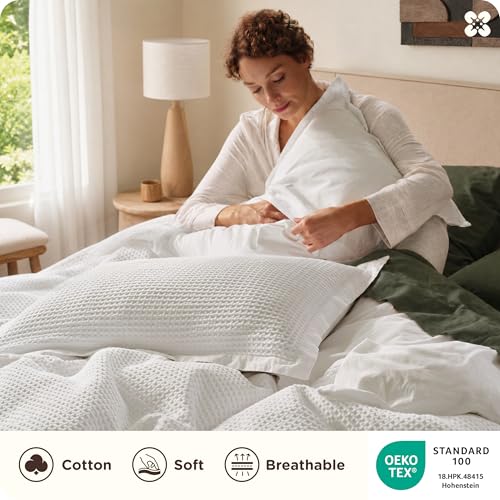 Bedsure PureWoven 3 Pieces 100% Cotton Waffle Duvet Cover Set, King, White, view 4