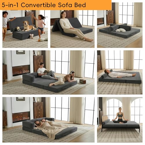 5-in-1 Convertible Sofa Bed, 78" Boneless Couch Tri Folding Mattress with Removable L-Shaped Armrests, Corduroy Futon Couch Sleeper with Pull Out Bed for Living Room Bedroom Apartment, Grey