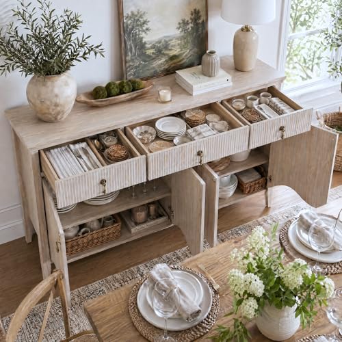 57" Fluted Sideboard Buffet with Storage, 4 Doors & 3 Drawers, Oak, view 5