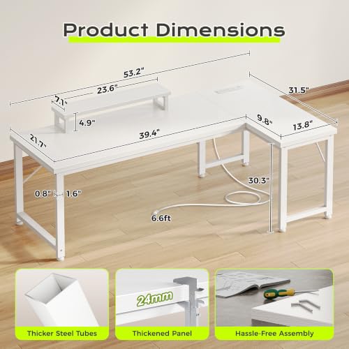 53" L Shaped Computer Desk, Power Outlets, Monitor Stand, White, view 4