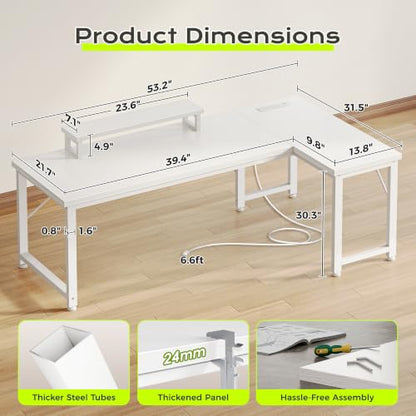53" L Shaped Computer Desk, Power Outlets, Monitor Stand, White, view 4