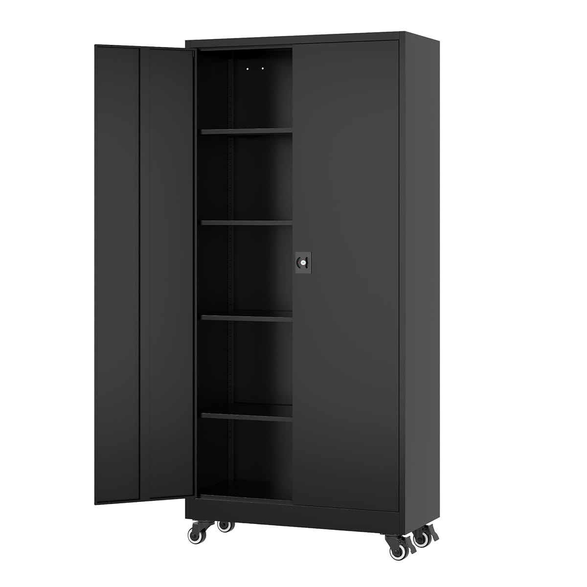 Metal Rolling Storage Cabinet-74.6” Tall Steel File Cabinets with Wheels Lockable Doors and Adjustable Shelves-Black Steel Storage Cabinet for Home, School, Office, Garage