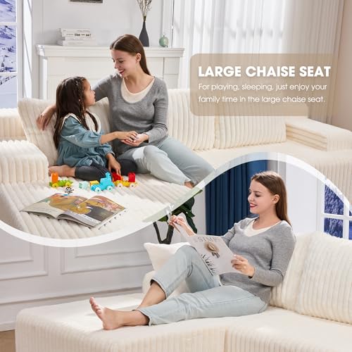 Boneless Couch L-Shape Cloud Couch Sofa for Living Room Furniture | 98" Left Facing Chaise White,Memory Foam,Removable Cover,No Assemble,Chaise Lounge Indoor,Furniture for Apartment