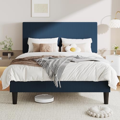 Queen Bed Frame, Corduroy Tufted Headboard, Dark Blue, view 4