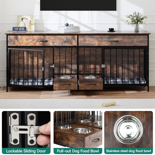 74.8" Double Dog Crate Furniture with Dog Feeder & Drawers, view 7