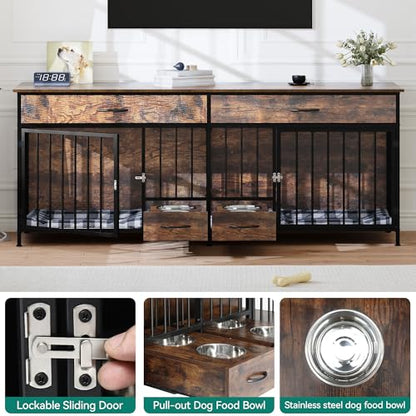 74.8" Double Dog Crate Furniture with Dog Feeder & Drawers, view 7