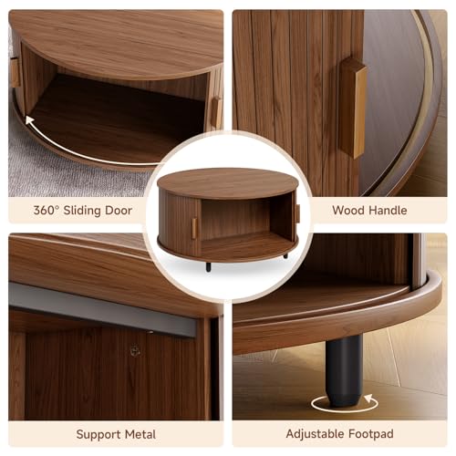 Round Coffee Table with Storage, 31.5" Modern Coffee Table with 360° Curved Sliding Door, Fluted Wood Accent Coffee Table with Adjustable Footpads, Round Center Table for Living Room, Walnut