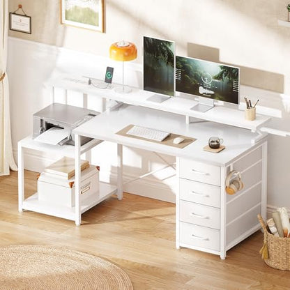 55 Inch Computer Desk with 4 Drawers, Office Desk with Power Outlets, Printer Shelf & Storage Shelves, Large Writing Study Table for Home, Bedroom, Study or Gaming Setup, White