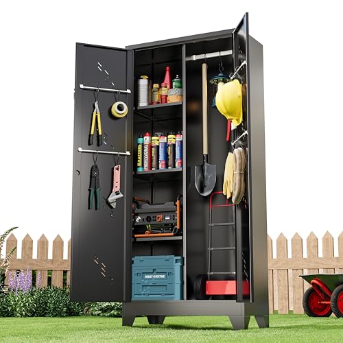 Metal Storage Cabinet 71" H, Garege Storage with Stainless Steel Bottom, Black Cleaning Supplies Organization Cabinet with Lockable Doors and Hanging Rod for Outdoor, Home Office
