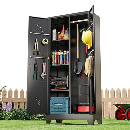 Metal Storage Cabinet 71" H, Garege Storage with Stainless Steel Bottom, Black Cleaning Supplies Organization Cabinet with Lockable Doors and Hanging Rod for Outdoor, Home Office