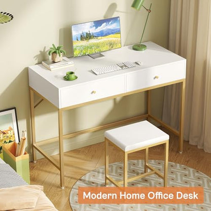 35.4" White and Gold Desk with 2 Drawers, Modern Makeup Vanity, view 8