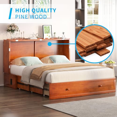 Queen Size Murphy Bed Cabinet with Tri-Fold Mattress Not Included, Wooden Cabinet Bed with Built-in USB Charging Station and 2 Storage Drawers, Cube Chest Beds for Office Guest Room, Cherry
