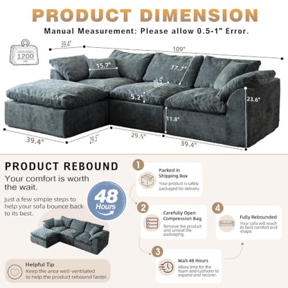 109" Boneless Cloud Couch Sectional for Living Room, Oversized Modular L Shaped Sofa with Ottoman, Deep Seat Chenille Sectional Couch for Cloud-Like Comfort(Blue)