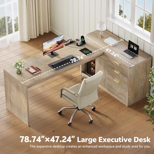78.7" L-Shaped Executive Desk with Drawers and File Cabinet Farmhouse Large, view 5