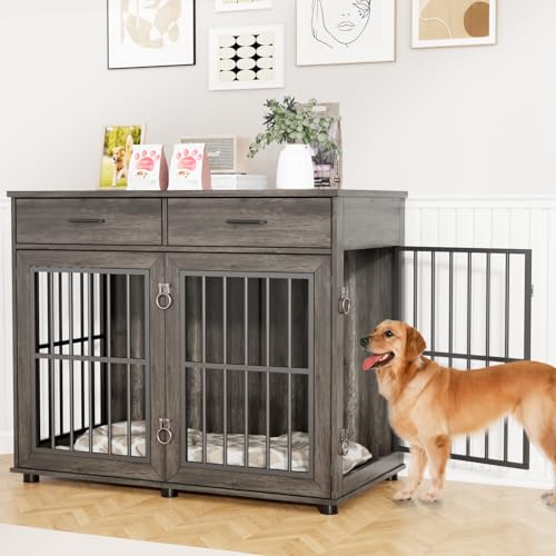 43.3" Large Dog Crate Furniture with 2 Drawers, Grey, view 5